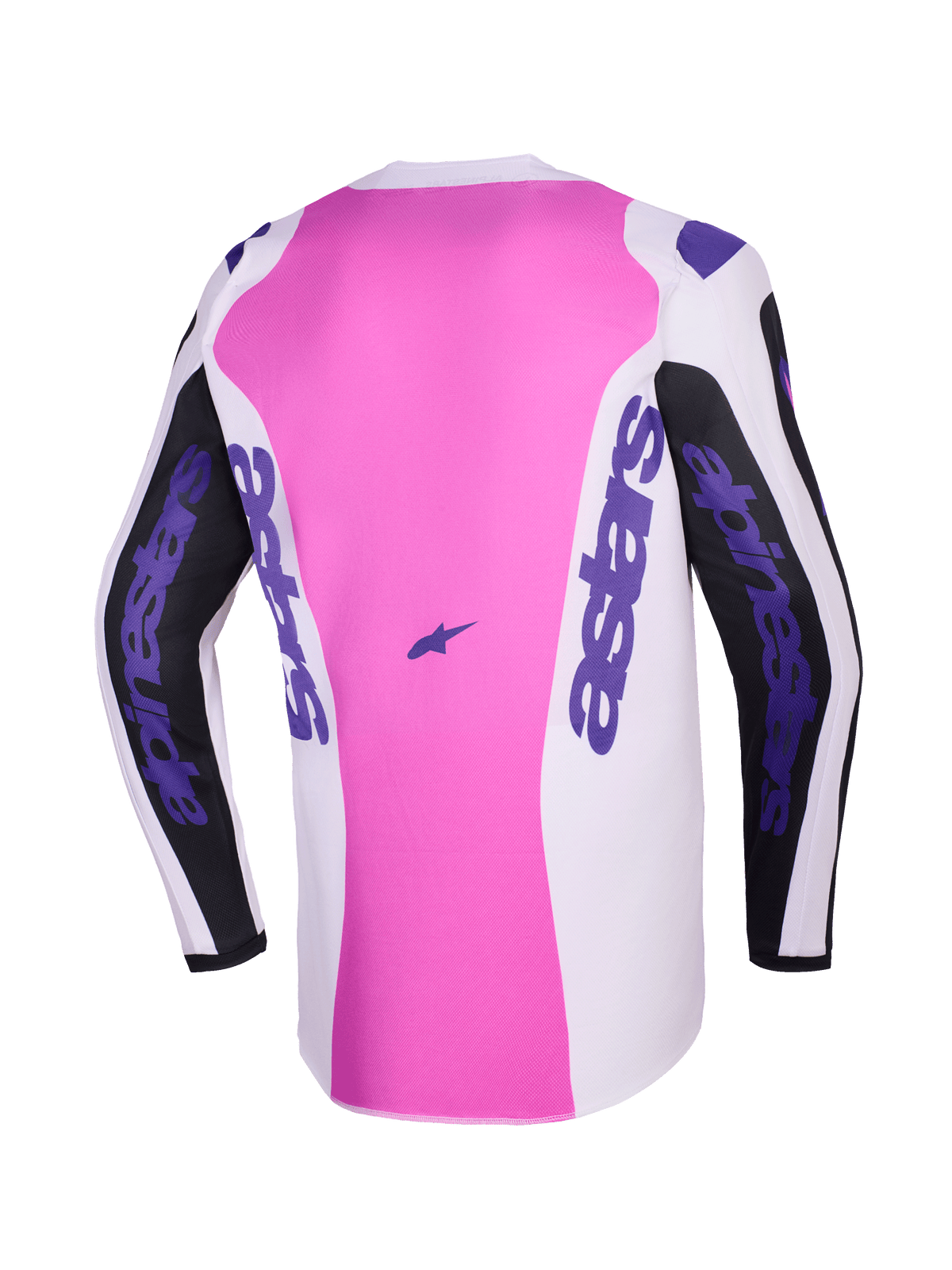 Alpinestars 2026 Fluid Grid Jersey, back view, Motocross Jersey, Black Light Gray and Purple, pink center panel with white and black sections, purple Alpinestars branding on sleeves and sides, moisture-wicking polyfabric construction