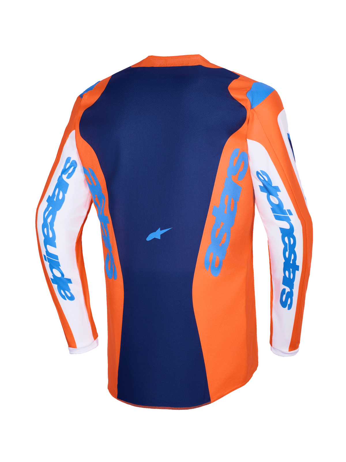 Alpinestars 2026 Fluid Grid Jersey, maillot de motocross, orange et bleu UCLA, manches blanches avec logo Alpinestars bleu, panneau arrière bleu foncé avec petit logo étoile, coupe arrière allongée pour le pilotage tout-terrain