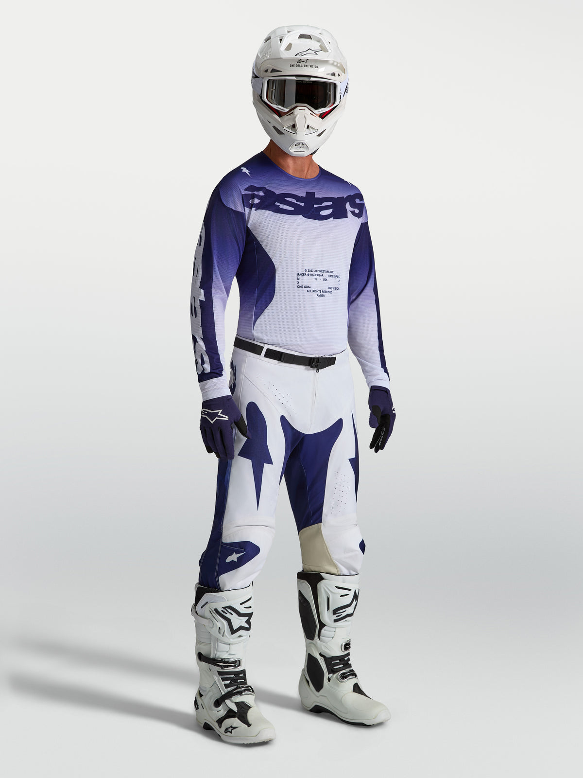 Alpinestars Racer Air Amber Jersey and Gear Set, men's blue and white ventilated motocross outfit shown on-model.