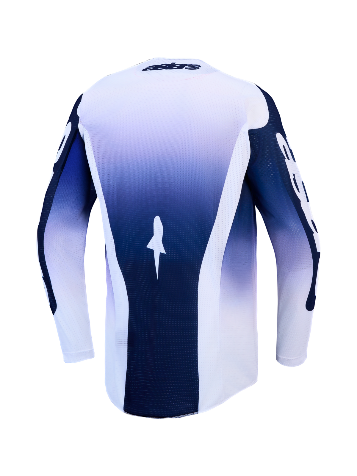 Maillot Alpinestars Racer Air Amber, maillot de motocross bleu et blanc pour homme, vue de dos, mesh respirant et pan arrière allongé.