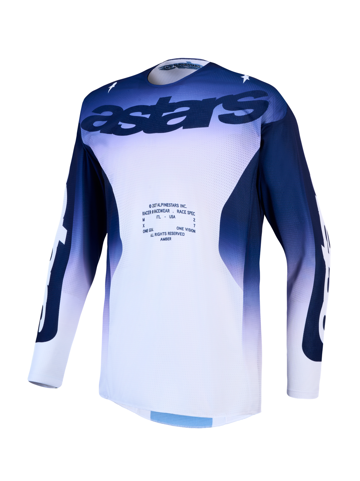 Maillot Alpinestars Racer Air Amber, maillot de motocross pour homme, bleu et blanc, construction en maille ventilée.