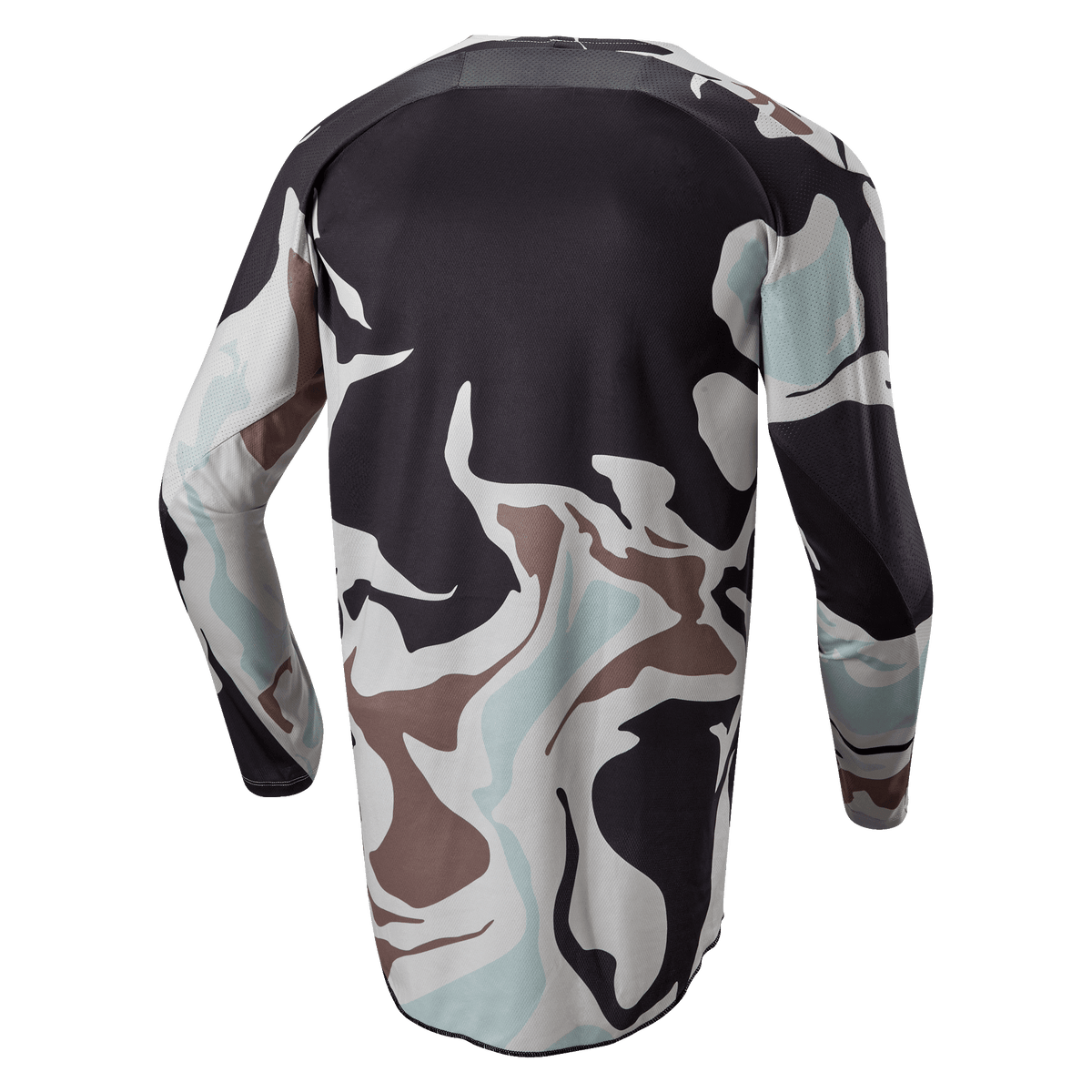Maillot Alpinestars Racer Tactical 2024, Iron Camo Dust Gray, vue arrière d'un maillot de motocross à manches longues présentant un motif camouflage gris, noir, bleu clair et beige, avec un pan arrière plus long pour une meilleure couverture.
