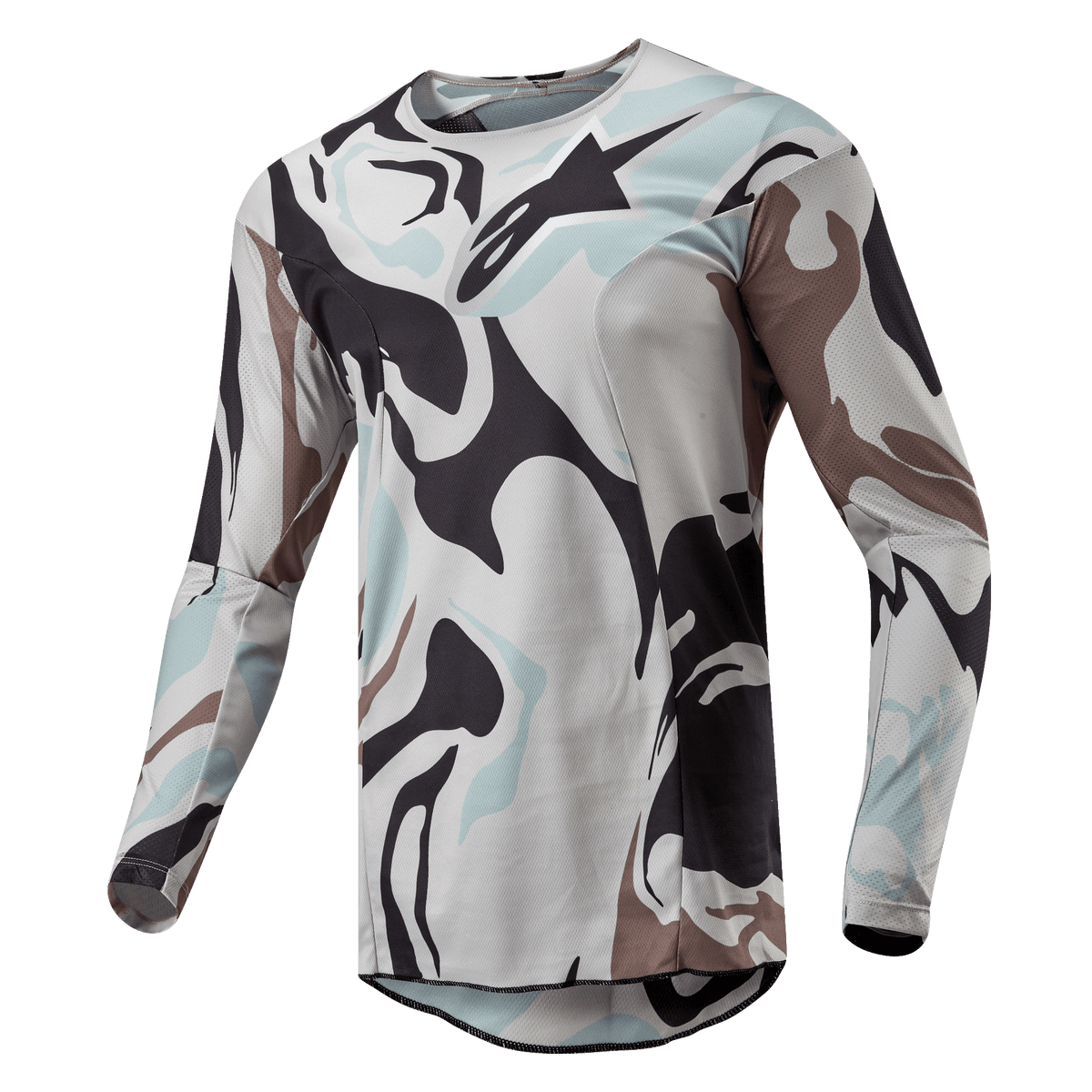 Maillot Alpinestars Racer Tactical 2024, maillot de motocross, Iron Camo Dust Gray, arborant un motif camouflage audacieux dans des tons gris clair, gris foncé et bleu pâle, construction légère en poly-tissu avec inserts en maille respirante, coupe sport ergonomique.