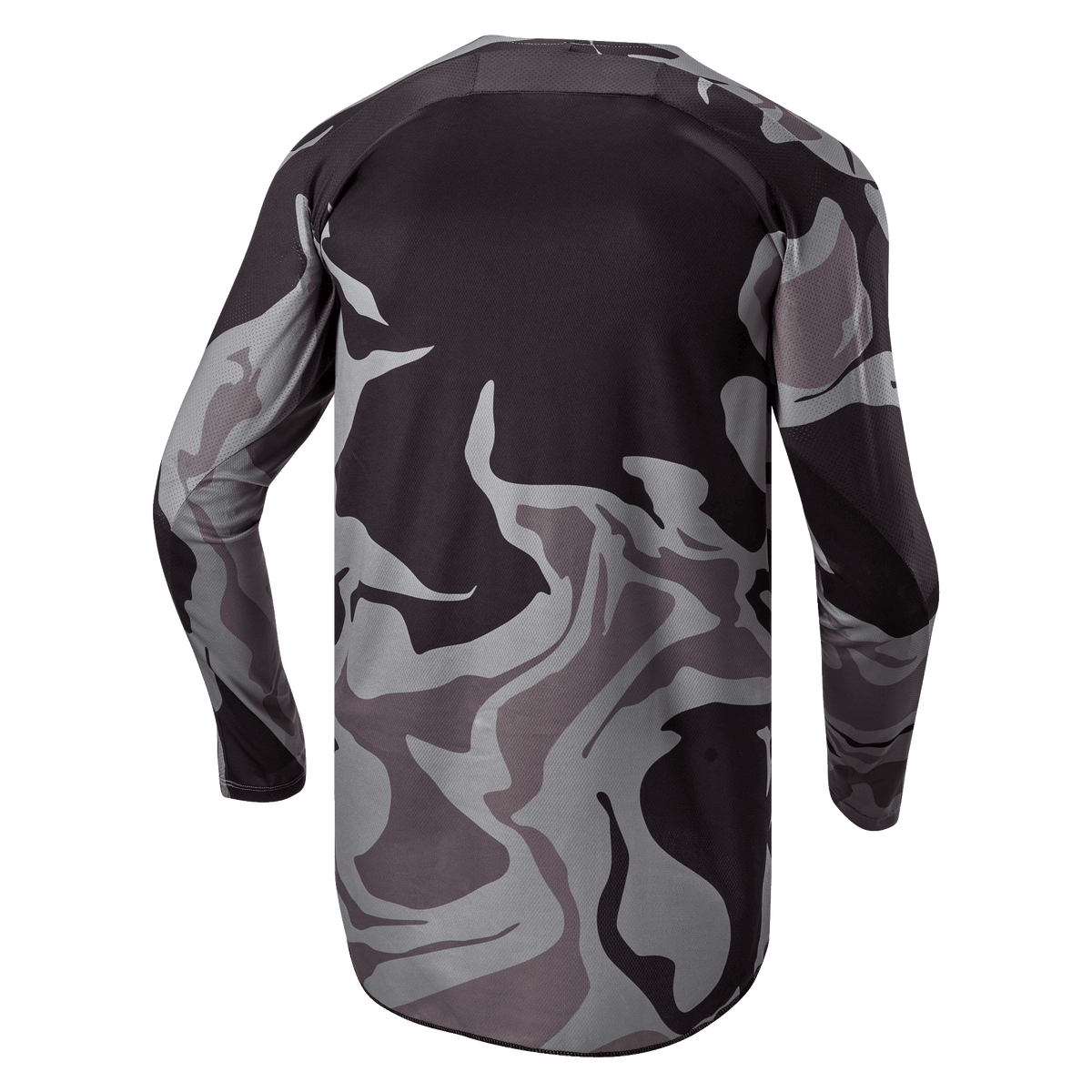 Maillot Alpinestars Racer Tactical 2024, maillot de motocross, Cast Gray Camo Magnet, vue arrière montrant un motif camouflage gris et noir, tissu respirant et pan arrière allongé pour une meilleure couverture