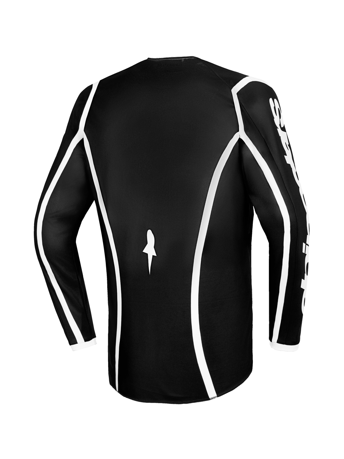 Maillot Alpinestars Fluid Apex 2026, maillot de motocross, noir avec liserés blancs incurvés, vue de dos montrant la coupe ergonomique et un petit logo blanc, maillot haute performance à manches longues pour la course tout-terrain