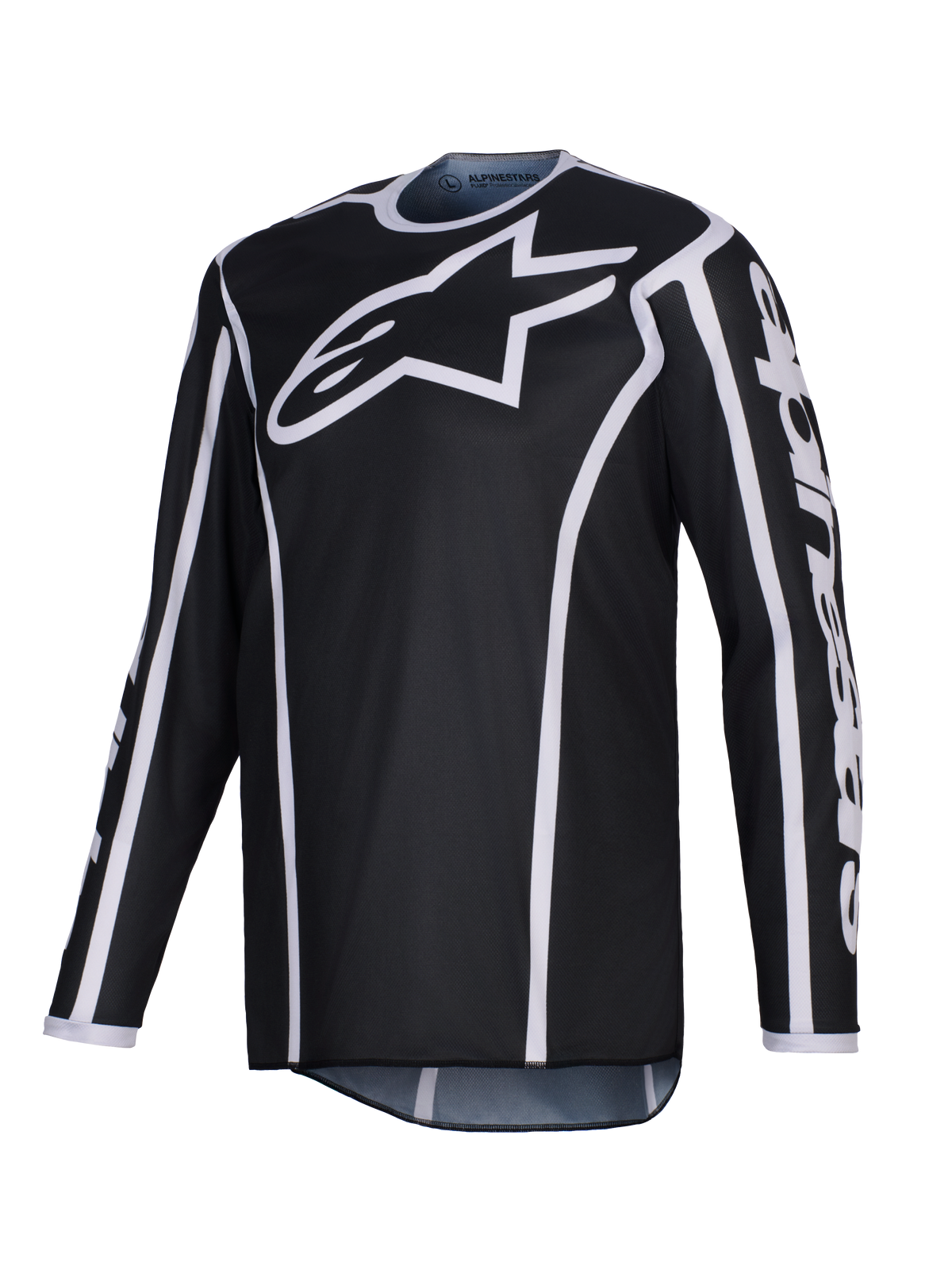 Maillot Alpinestars Fluid Apex 2026, maillot de motocross, noir avec accents blancs, grand logo blanc sur la poitrine, liserés blancs le long des coutures, poly-tissu performant à manches longues pour la course tout-terrain