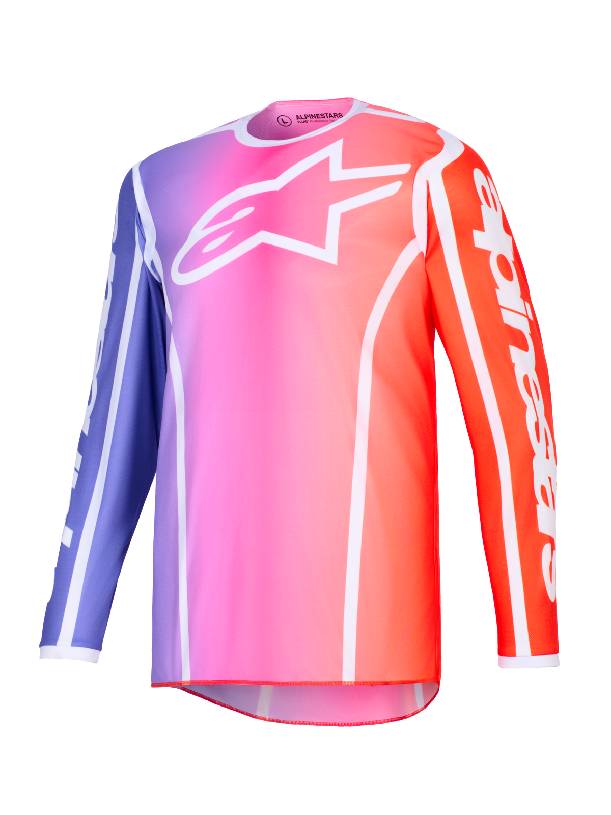 Maillot Alpinestars Fluid Apex 2026, maillot de motocross, dégradé violet, rose et orange avec accents blancs, logo Astars blanc sur la poitrine et marquage sur la manche, poly-tissu performant léger pour le tout-terrain