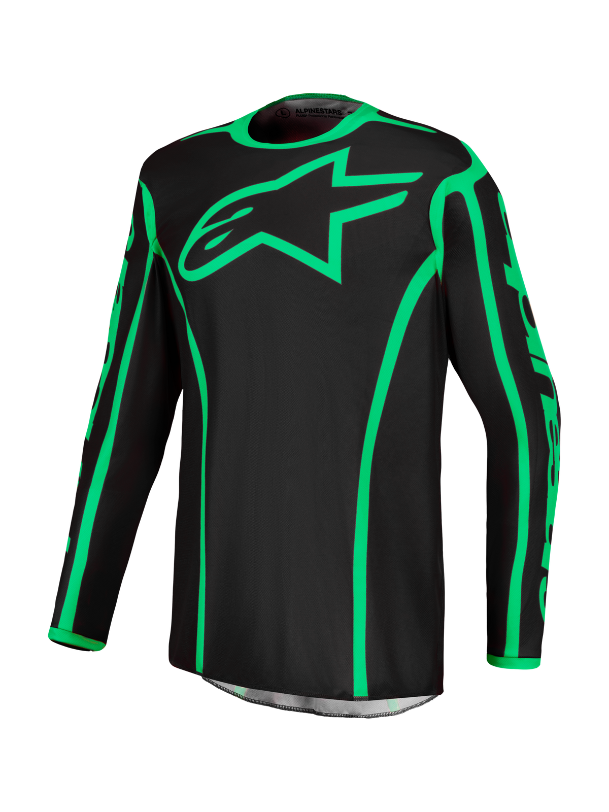 Maillot Alpinestars Fluid Apex V2, maillot de motocross noir et vert fluo avec logo étoile, poly-tissu évacuant l'humidité.
