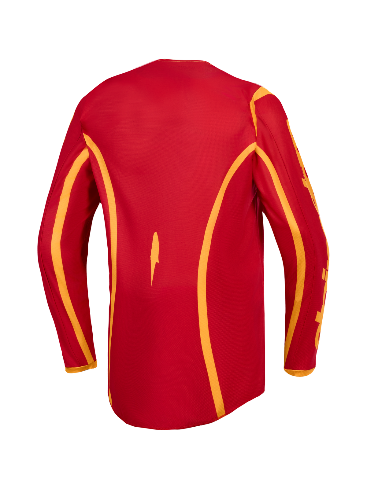 Maillot Alpinestars Fluid Apex V2 pour homme, haut de motocross rouge et doré, vue de dos avec coupe arrière longue