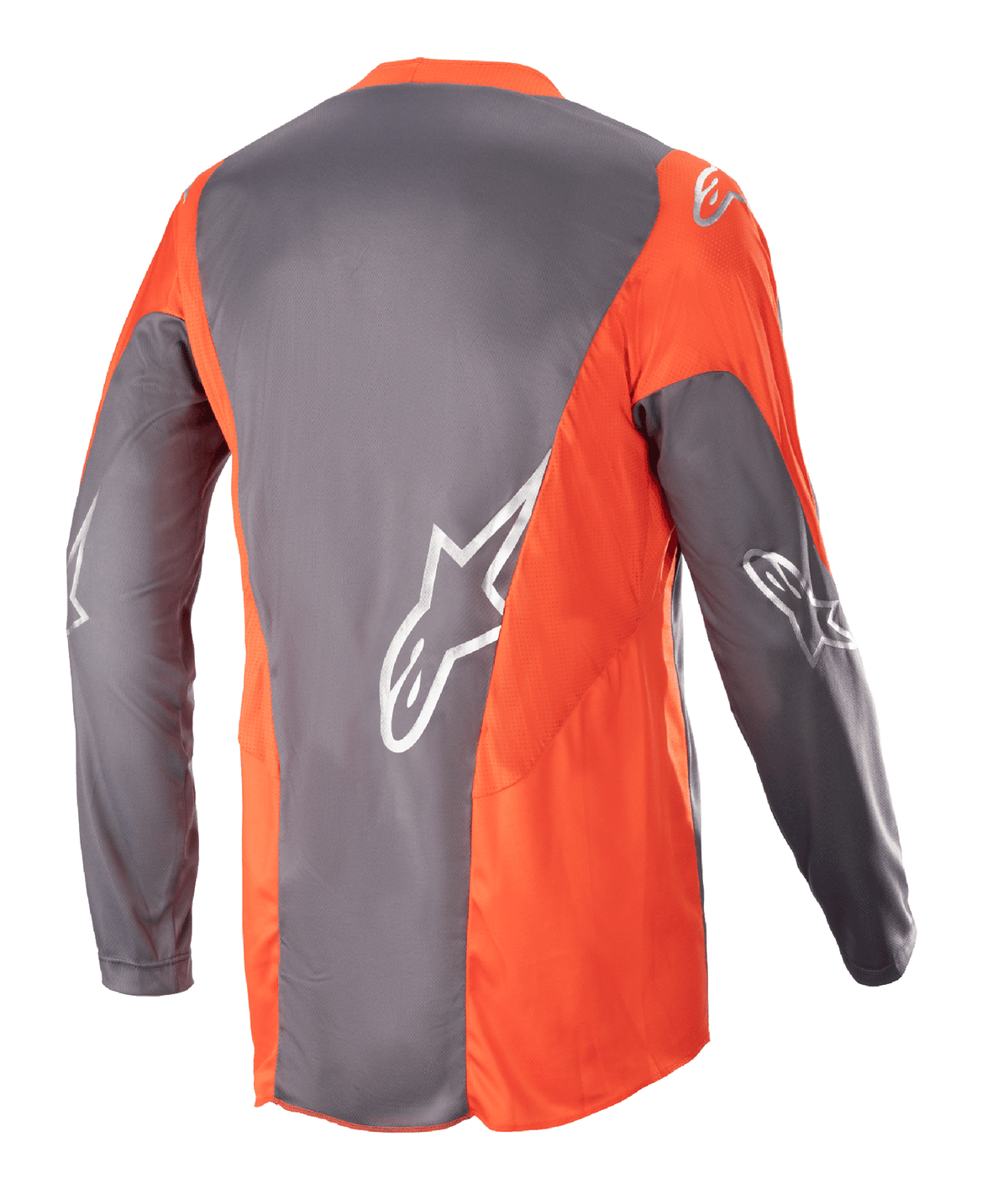 Maillot Alpinestars Racer Hoen 2023, maillot de motocross, Magnet Hot Orange, vue arrière montrant des empiècements gris et orange avec des logos Astars argentés sur les manches et le dos, vêtement tout-terrain haute performance