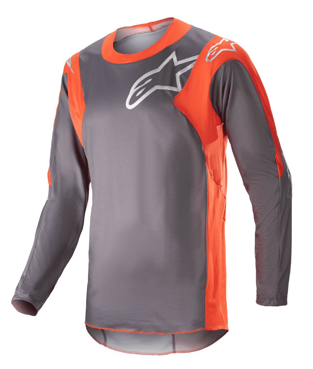 Alpinestars 2023 Racer Hoen Jersey, maillot de motocross à manches longues, gris et orange vif, logo Alpinestars blanc sur la poitrine et les épaules, tissu de performance léger pour la course tout-terrain