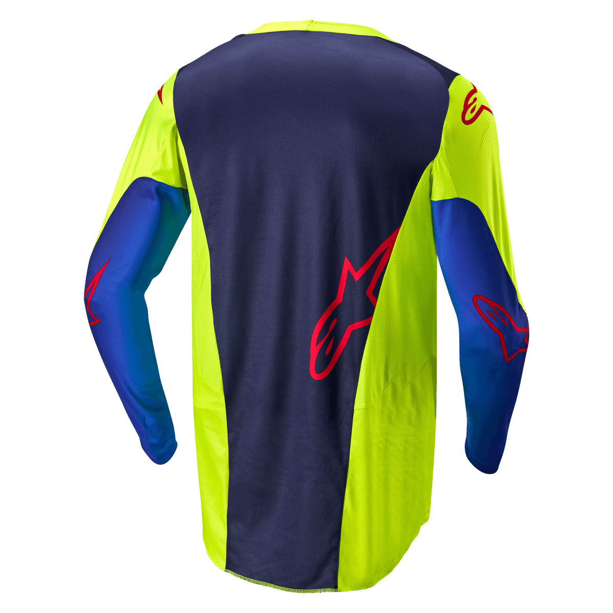 Alpinestars Racer Hoen Jersey 2024, maillot de motocross, jaune fluo et bleu nuit, vue arrière montrant un panneau central bleu foncé avec logo rouge, sections latérales jaune vif, manches longues et tissu en maille respirante conçu pour la performance tout-terrain