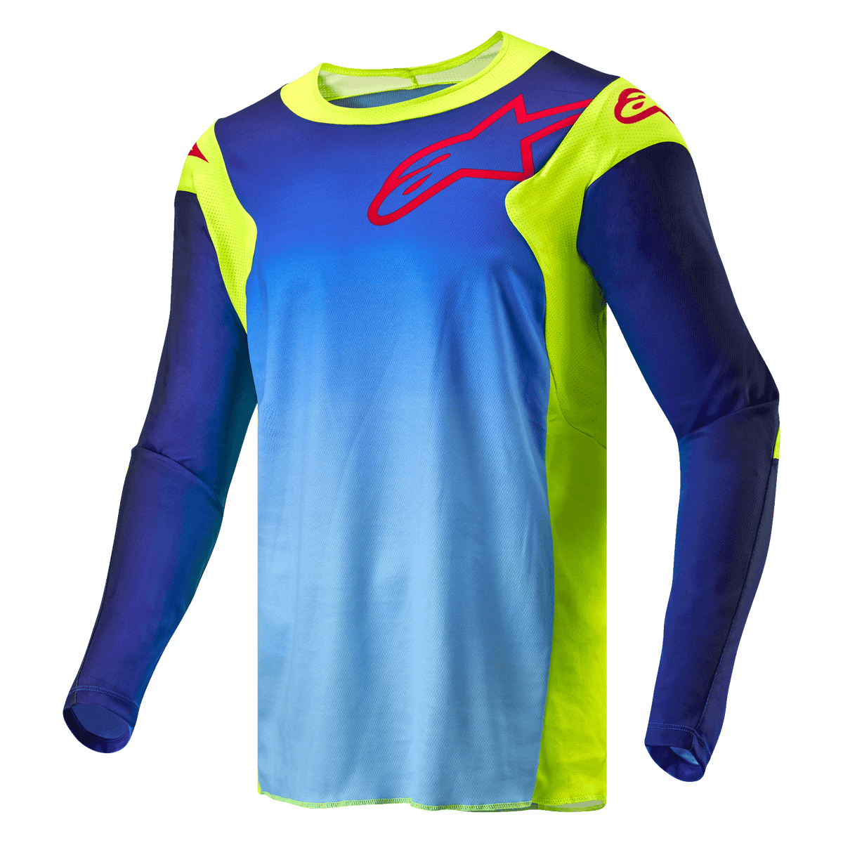 Maillot Alpinestars Racer Hoen 2024, maillot de motocross, jaune fluo et bleu night navy, avec un corps en dégradé bleu et des panneaux jaune fluo, logo Alpinestars rouge sur la poitrine et les épaules, équipement technique tout-terrain à manches longues