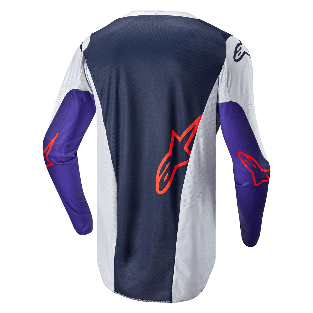 Maillot Alpinestars Racer Hoen 2024, maillot de motocross, vue de dos, bleu marine et gris clair avec manches violettes, logos Alpinestars orange, tissu technique en maille pour la performance tout-terrain