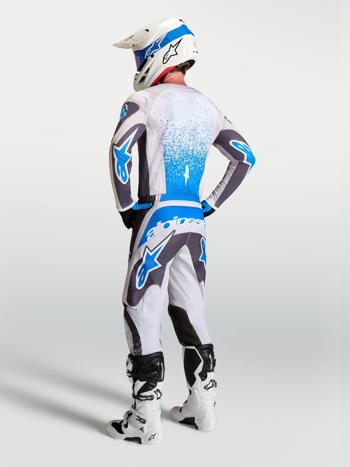 Maillot Fluid Drag Alpinestars, maillot de motocross pour homme, gris et bleu, tissu léger évacuant l'humidité, vue de dos