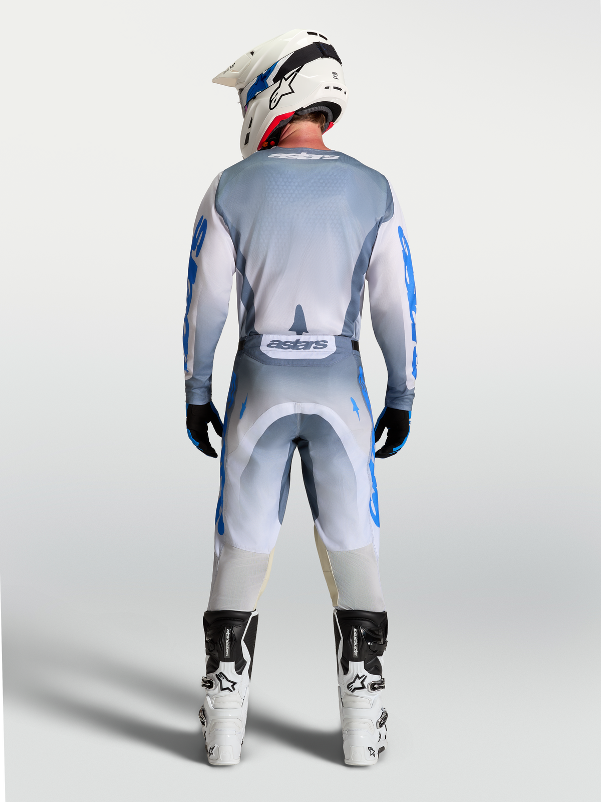 Alpinestars maillot Racer Amber, maillot de motocross pour homme, gris et bleu, vue de dos complète sur mannequin