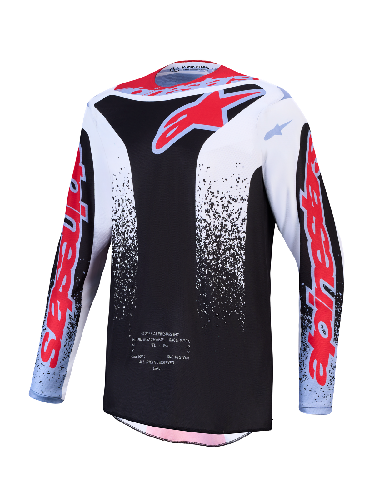Alpinestars Fluid Drag Jersey, maillot de motocross pour homme, noir et blanc avec graphismes rouges, tissu léger et respirant évacuant l'humidité pour le pilotage tout-terrain