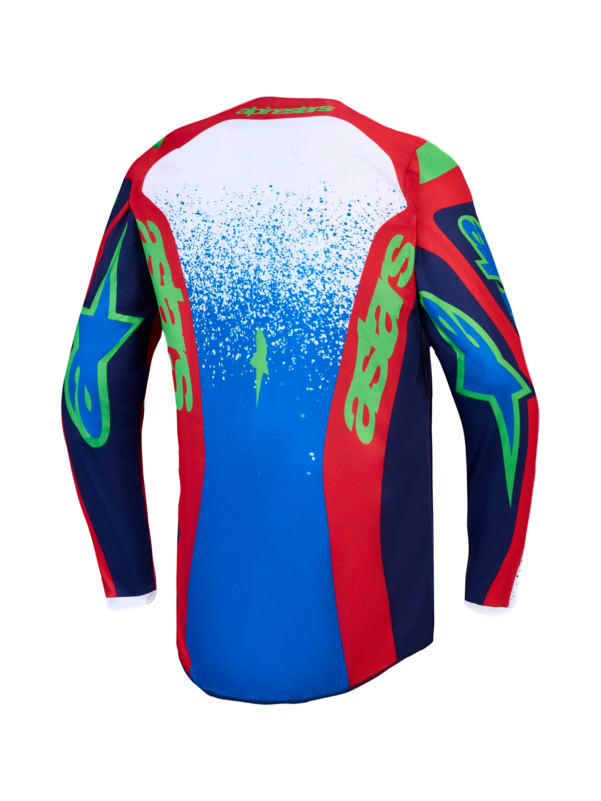 Alpinestars Fluid Drag, maillot de motocross pour homme, bleu marine et rouge feu, graphismes verts, vue de dos