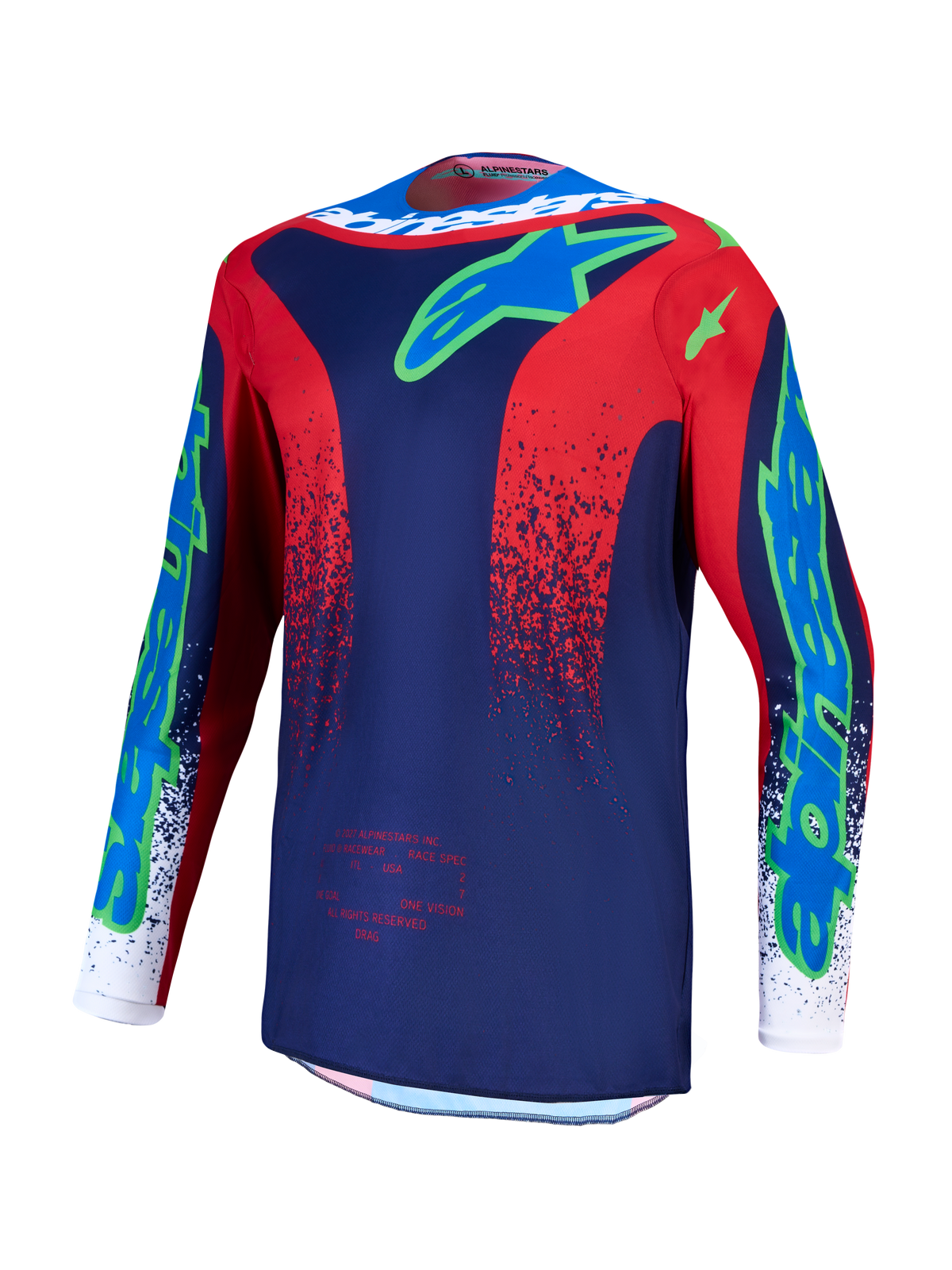 Alpinestars maillot Fluid Drag, haut de motocross pour homme, bleu marine et rouge, poly-tissu respirant évacuant l'humidité.
