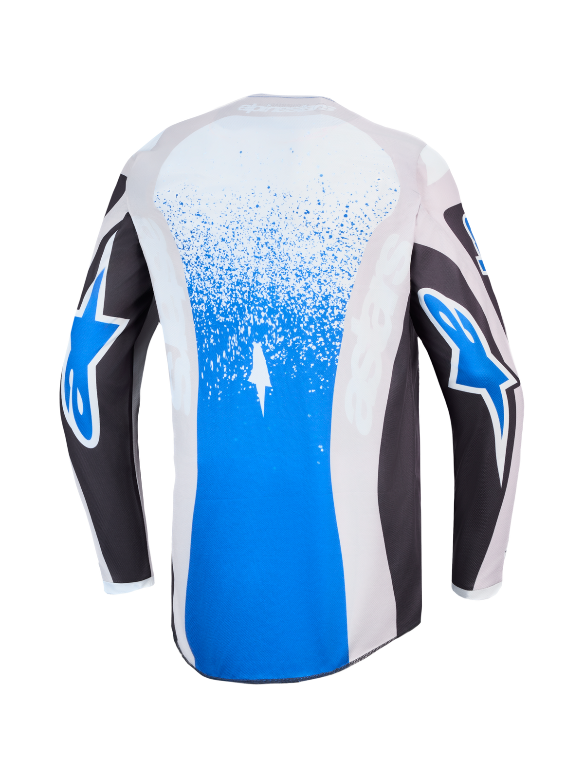 Alpinestars Maillot Fluid Drag, maillot tout-terrain bleu et gris, vue de dos avec graphismes d'éclaboussures et logos