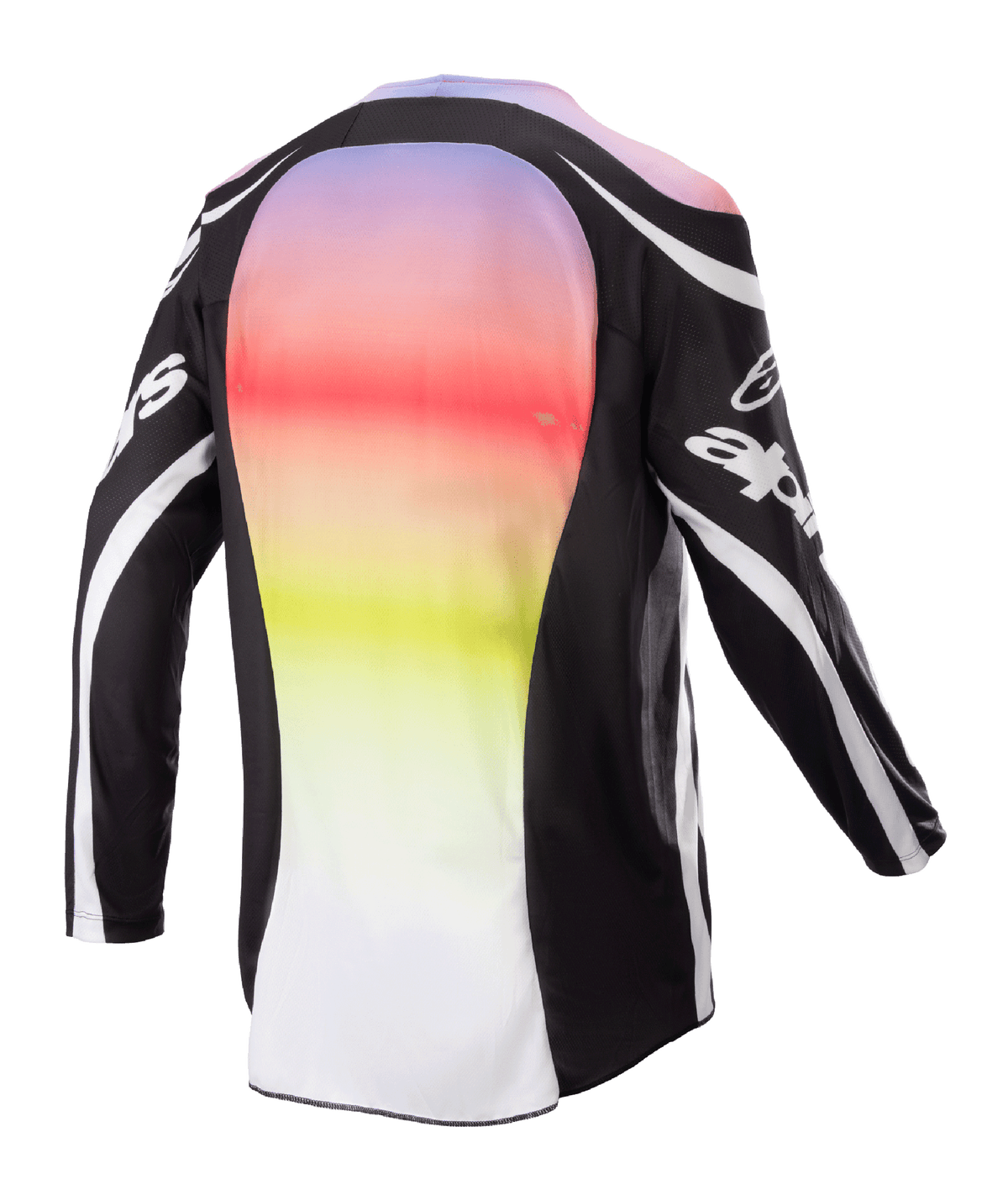 Maillot Alpinestars Racer Semi 2023, maillot de motocross, noir multicolore, vue arrière présentant un grand panneau central avec un dégradé éclatant du violet au jaune, manches et épaules noires avec des accents de logo blancs et des lignes courbes, conçu pour la performance tout-terrain