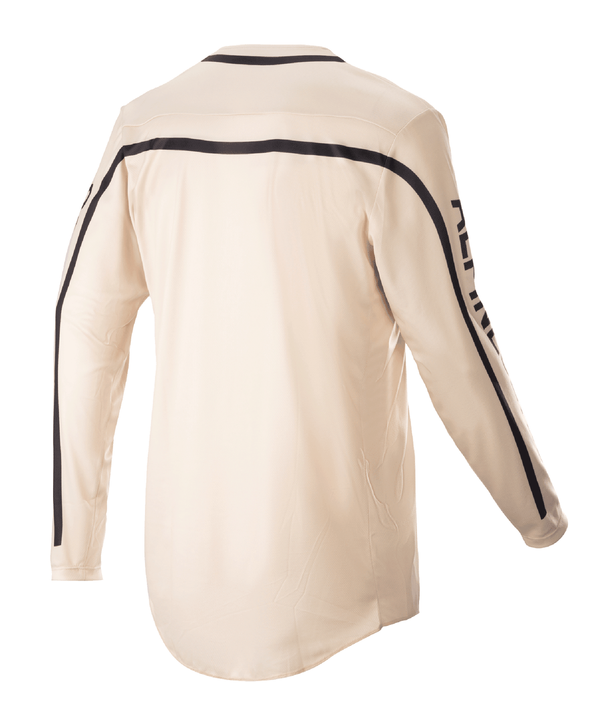 Alpinestars 2023 Racer Found Jersey, Motocross Jersey, Mountain (Tan), rear view, featuring black stripes across the shoulders and down the sleeves, ergonomic cut with a longer rear for riding coverage