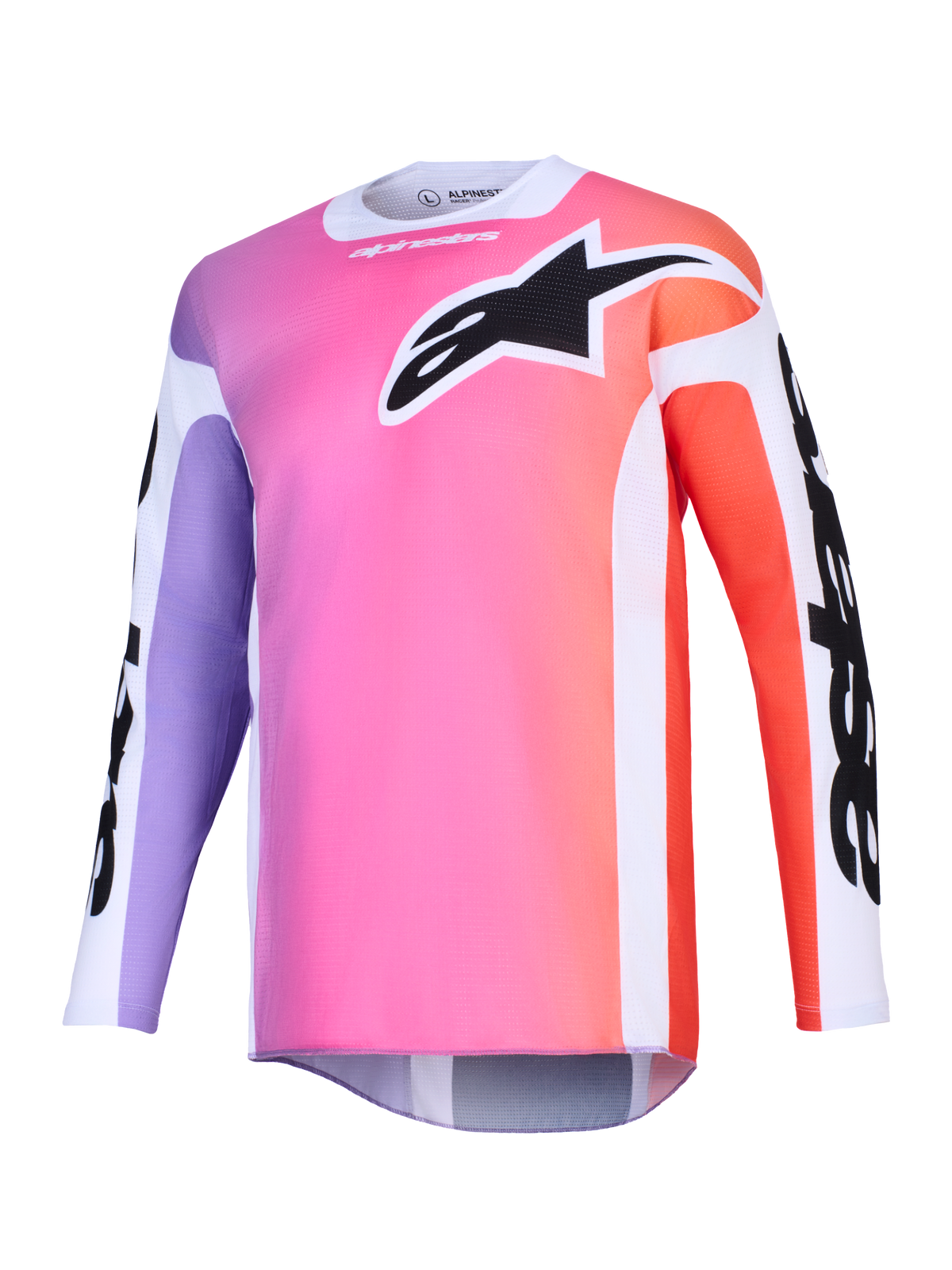 Alpinestars Racer Air Portl Jersey 2026, maillot de motocross, dégradé multicolore rose, violet et orange, grand logo Astars noir sur la poitrine, empiècements latéraux blancs, tissu en maille respirante à manches longues et coupe arrière allongée.