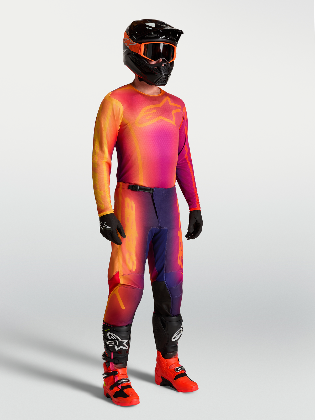 Pantalon et maillot Alpinestars Fluid Kepler, tenue de motocross pour homme, violets et orange, avec bottes tout-terrain