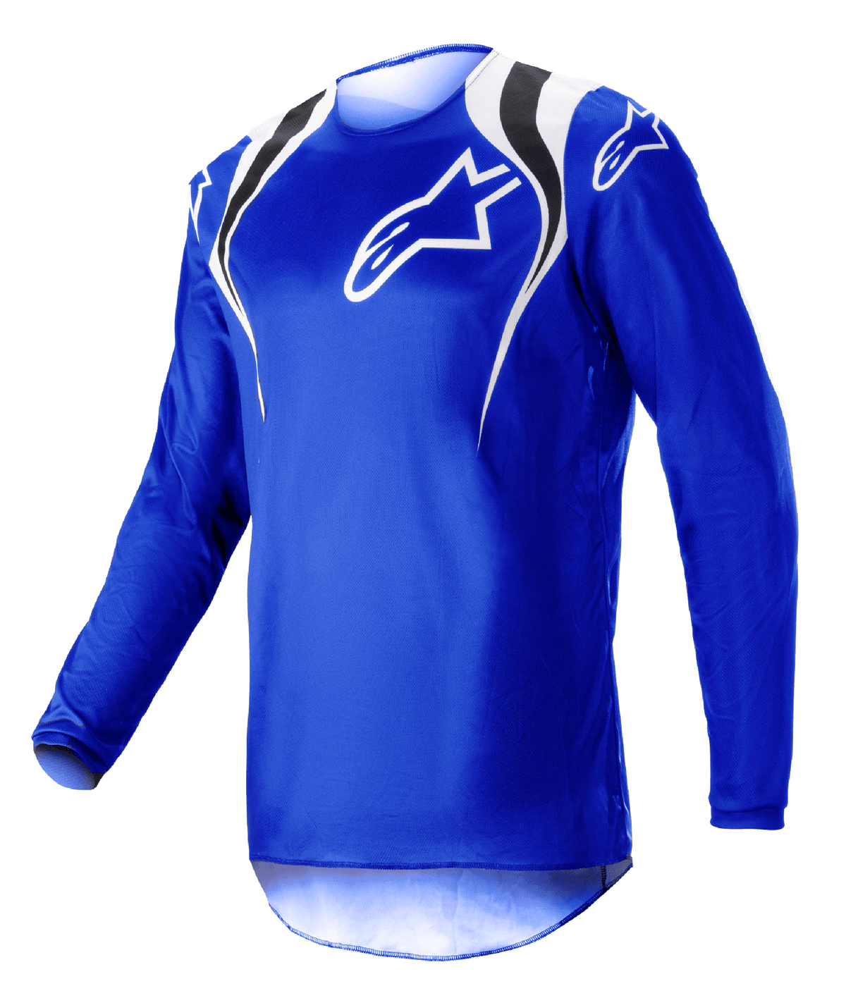 Maillot Alpinestars Fluid Narin 2023, maillot de motocross, bleu, blanc et noir avec des accents aux épaules et un logo blanc sur la poitrine, design léger à manches longues pour la course tout-terrain