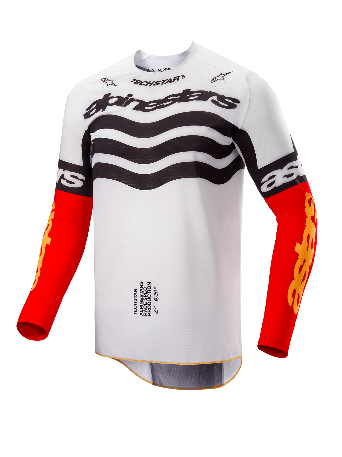 Alpinestars Limited Edition Techstar Deep Jersey, Motocross Jersey, White and Black design with wavy graphics on chest, bright Red sleeves with yellow Astars branding, performance off-road racing apparel.