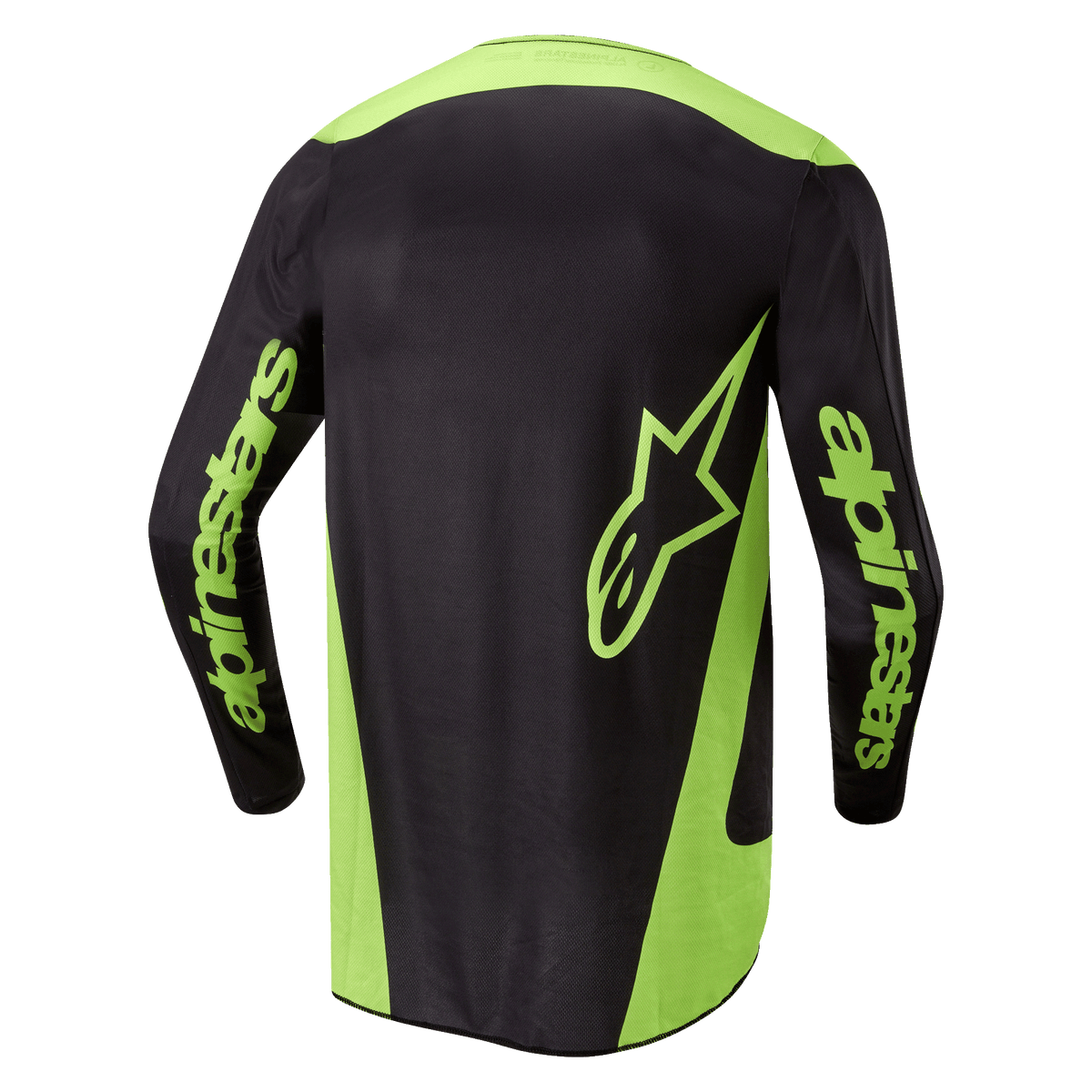 Maillot Alpinestars Fluid Lurv 2024, maillot de motocross, noir et jaune fluo, vue arrière avec panneaux latéraux jaune fluo, un grand logo étoilé en bas du dos et le marquage Alpinestars sur les manches