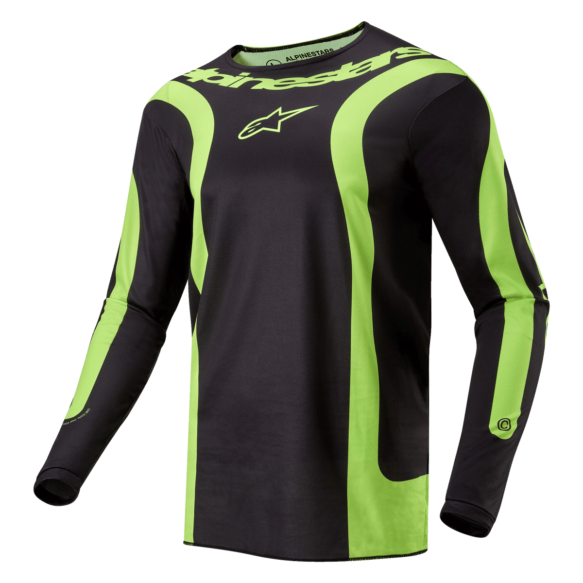Maillot Alpinestars Fluid Lurv 2024, maillot de motocross, noir et jaune fluo, doté de panneaux incurvés jaune fluo audacieux, du logo Alpinestars sur la poitrine et d'un lettrage autour du col, coupe sport athlétique pour la course tout-terrain