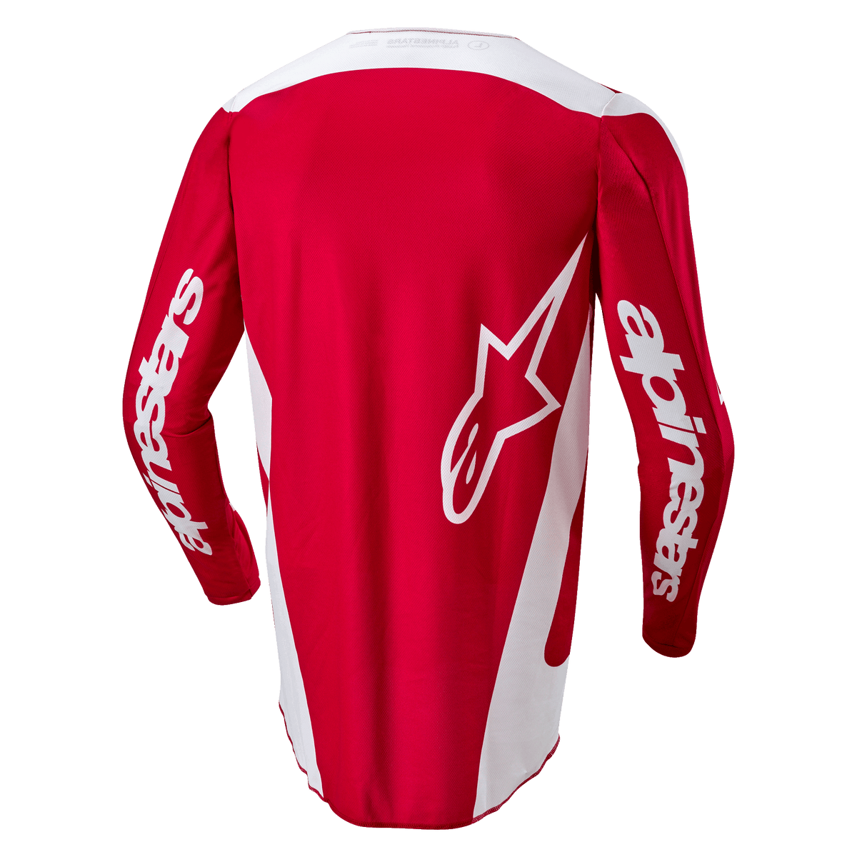 Alpinestars 2024 Fluid Lurv Jersey, maillot de motocross, rouge Mars et blanc, vue arrière avec un grand logo d'étoile blanche dans le dos, panneaux latéraux blancs et logos sur les manches