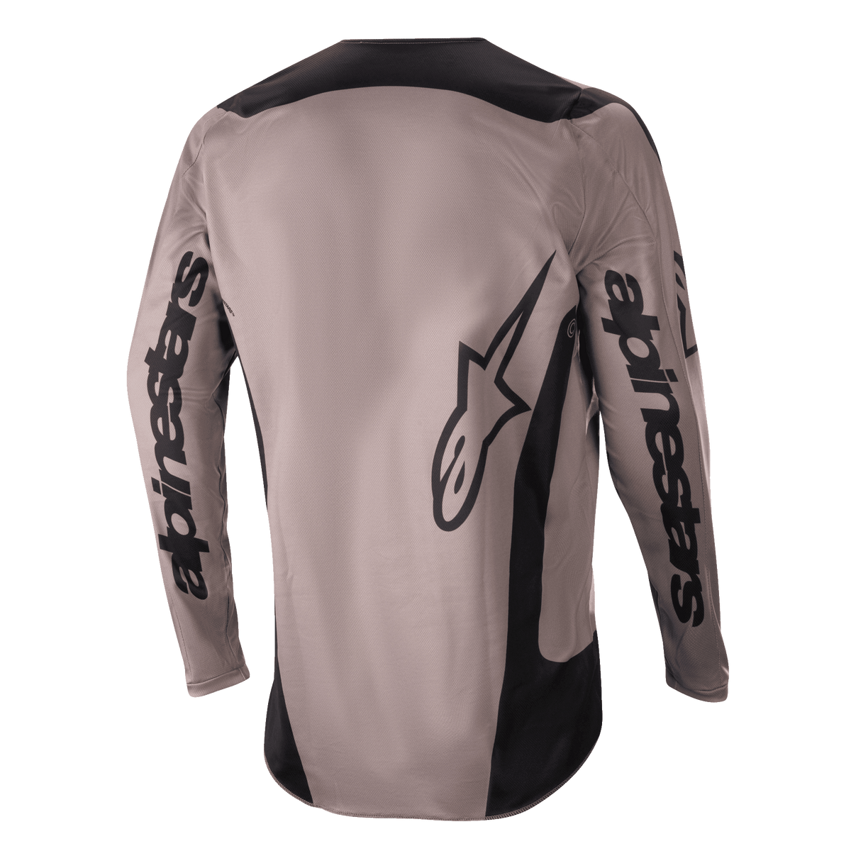 Maillot Alpinestars Fluid Lurv 2024, maillot de motocross, Mud Black, vue arrière montrant le logo Alpinestars sur les manches et le bas du dos, panneaux noirs sur les épaules et les côtés, équipement de pilotage tout-terrain performant