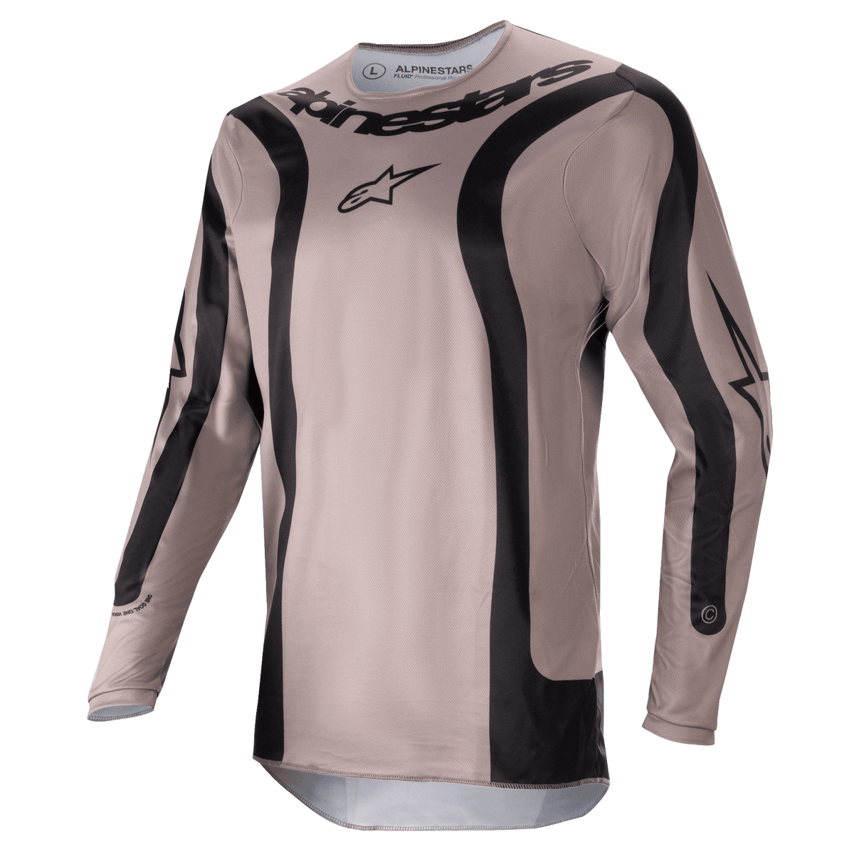 Maillot Alpinestars Fluid Lurv 2024, maillot de motocross, Mud Black, avec des panneaux graphiques incurvés noirs et un logo Alpinestars central, poly-tissu léger et respirant pour des performances de pilotage tout-terrain