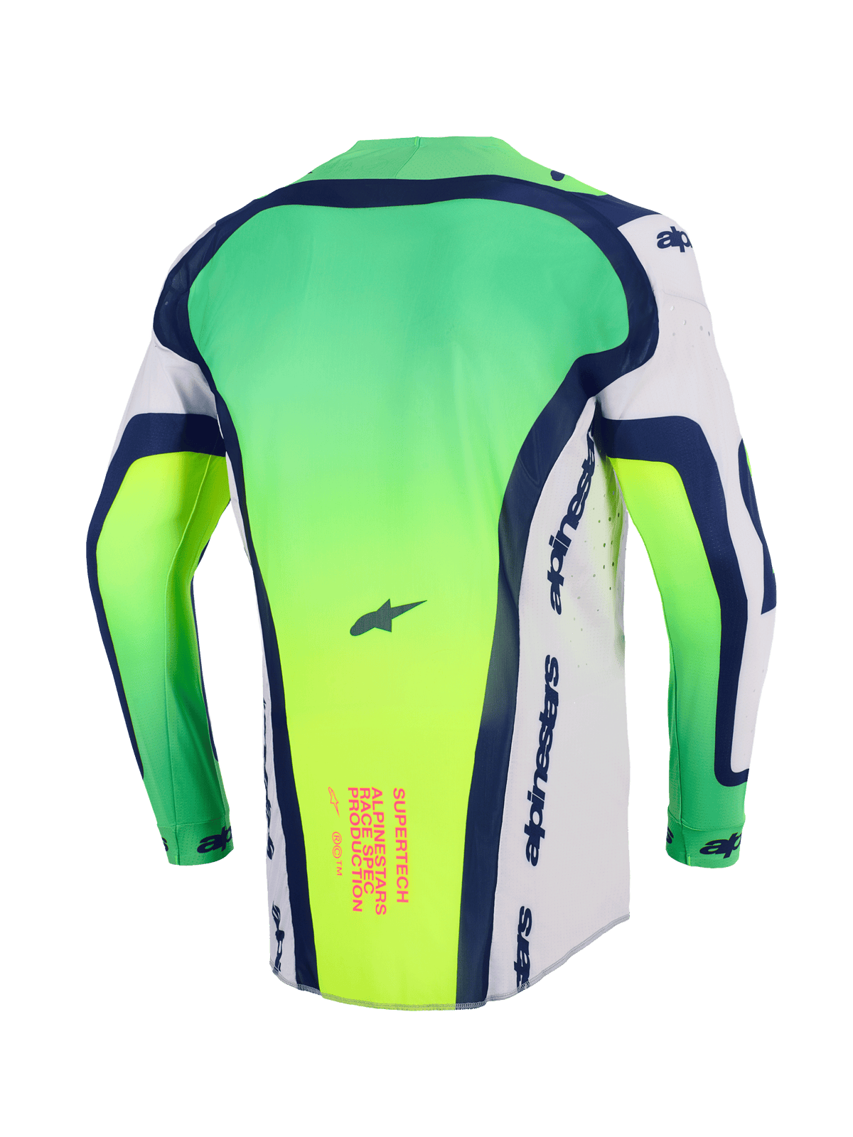 Maillot de motocross Alpinestars Supertech Vista 2026, vert néon, blanc et bleu marine, vue de dos montrant le panneau arrière rallongé, perforations découpées au laser sur les côtés, texte graphique rose sur le bas du dos, équipement de course ultra-léger