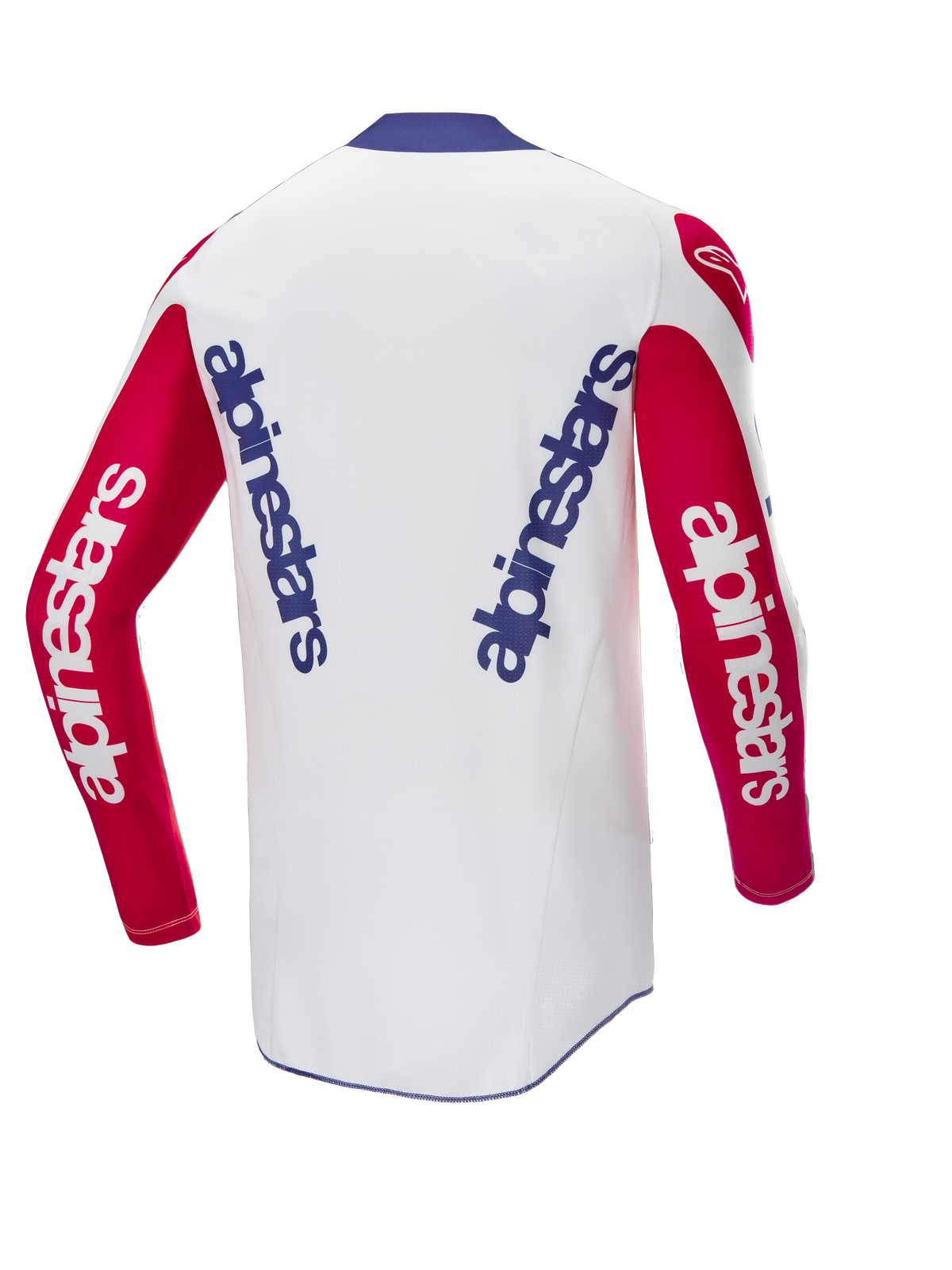 Alpinestars Limited Edition Techstar Fortitude Jersey, back view, motocross jersey, white body with red sleeves and blue collar, featuring blue and white Alpinestars branding, high-performance racing gear