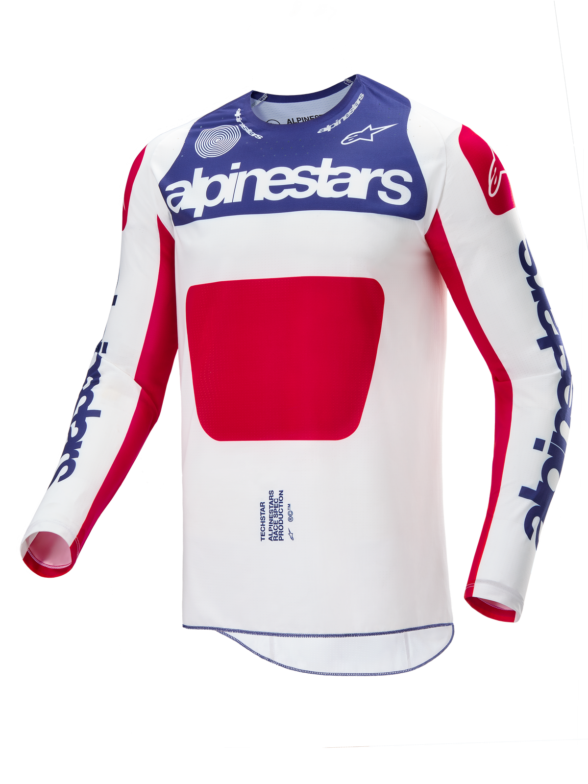 Alpinestars Limited Edition Techstar Fortitude Jersey, Motocross Jersey, Red White and Blue, white main body with blue chest panel and red graphic, blue alpinestars logos on sleeves, athletic race fit design