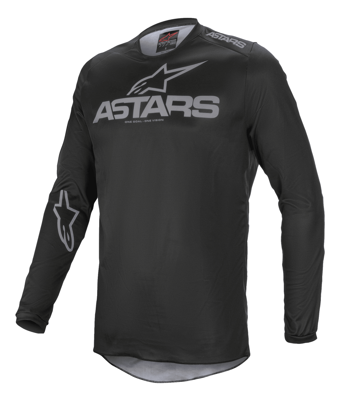 Maillot Alpinestars Fluid Graphite, maillot de motocross, noir et gris foncé, avec logo ASTARS gris sur la poitrine et l'épaule, logo étoile sur la manche, construction en maille technique à manches longues pour la course tout-terrain