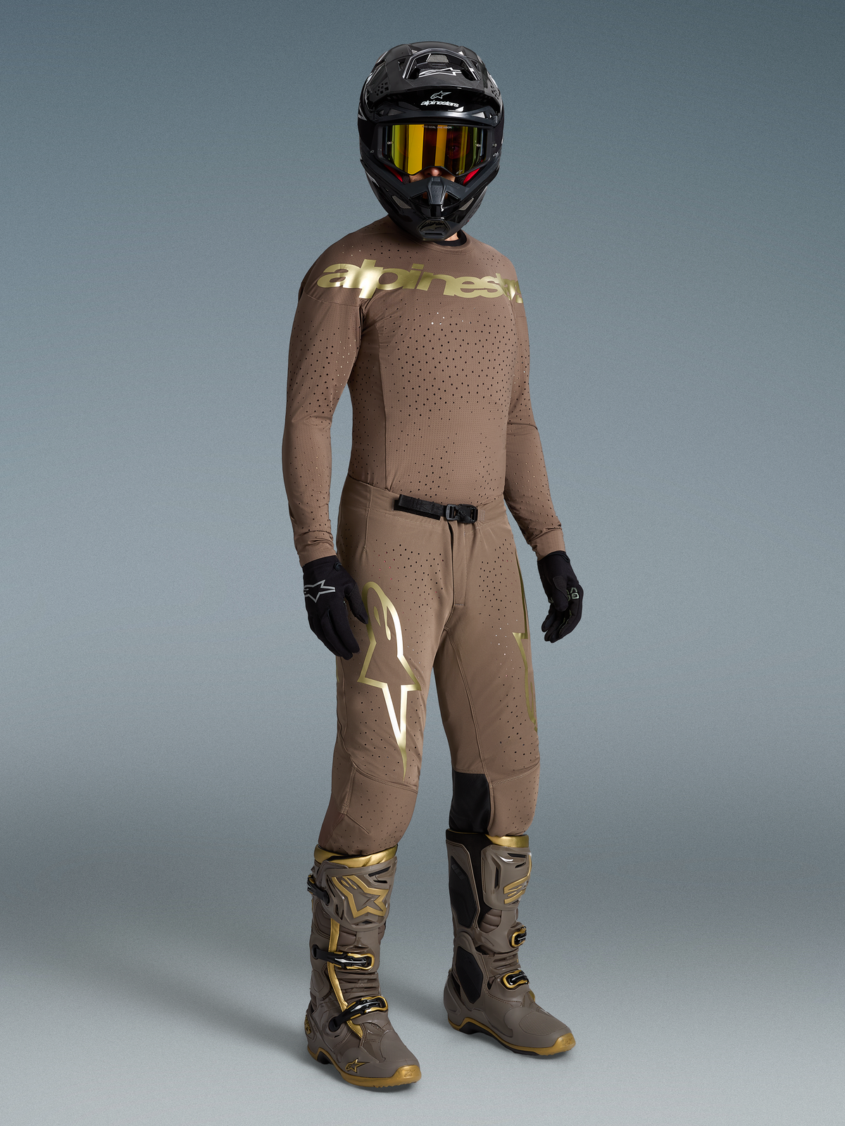 Alpinestars tenue complète Supertech Air Gold édition limitée, ensemble de motocross marron et doré pour homme, mesh ventilé.