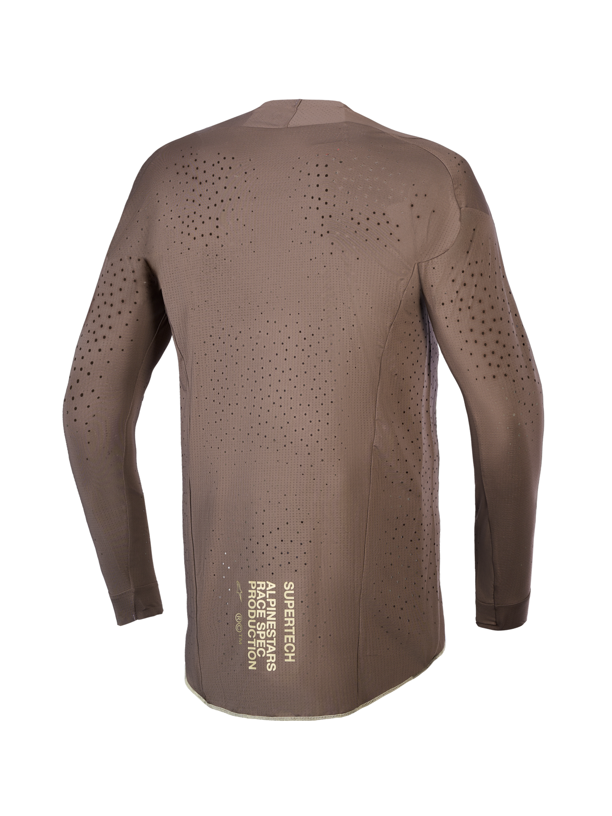 Maillot Alpinestars Supertech Air Gold, maillot de motocross pour homme, marron, graphisme doré au dos et perforations laser.