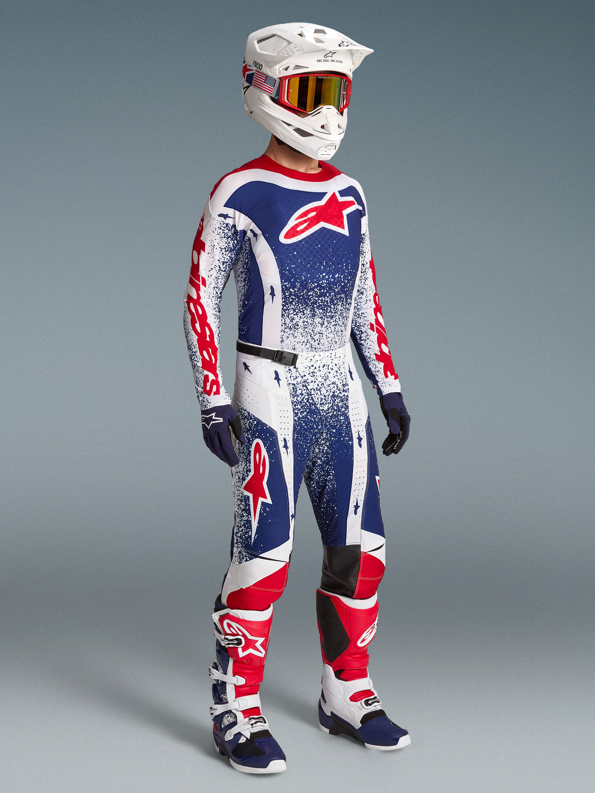 Alpinestars Techstar Unity, maillot de motocross pour homme, édition limitée, bleu, blanc et rouge, coupe performance, tenue complète de pilotage tout-terrain
