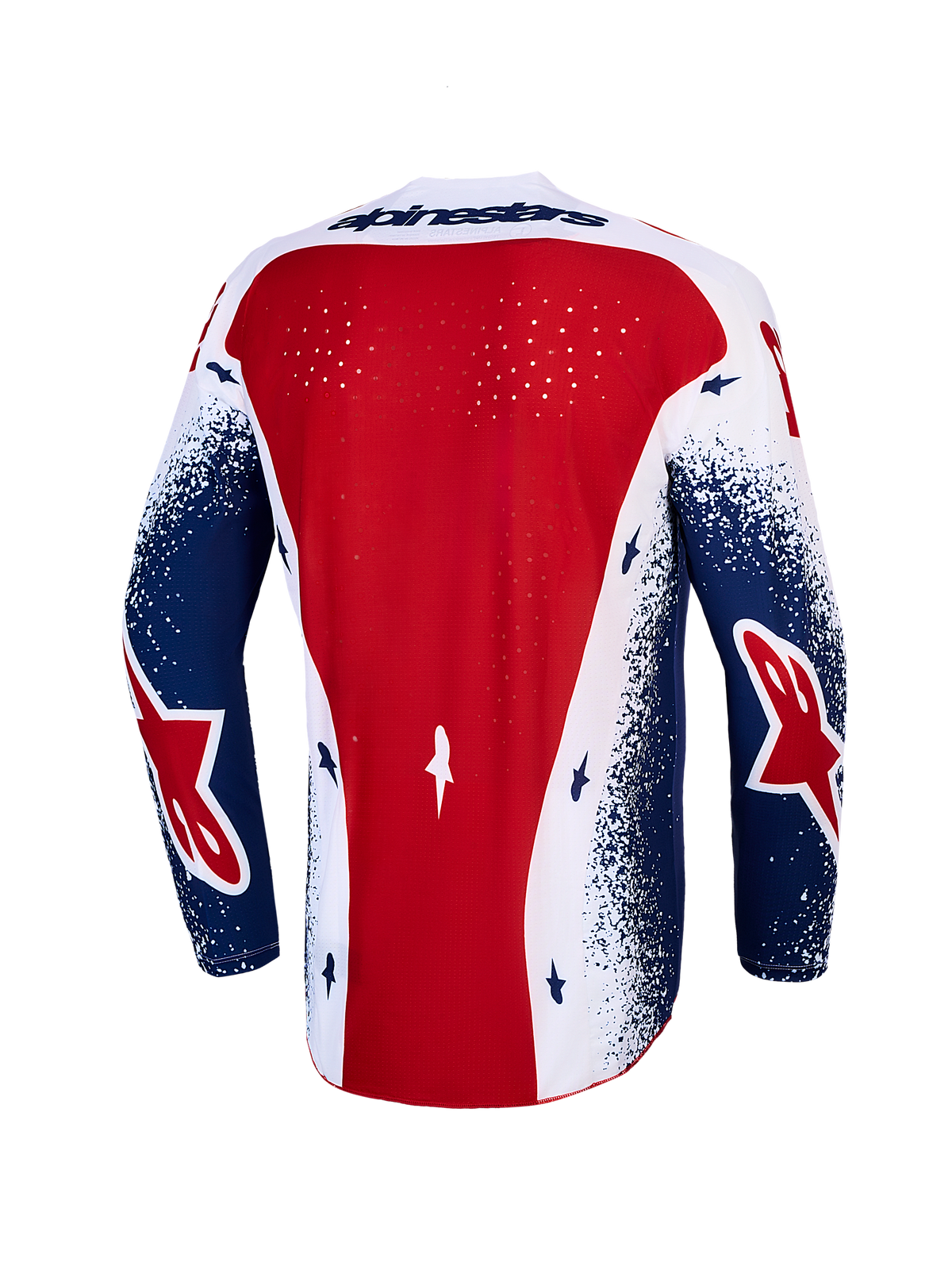Maillot Alpinestars Techstar Unity Édition Limitée, motocross homme, rouge, blanc et bleu, vue de dos à perforations laser.