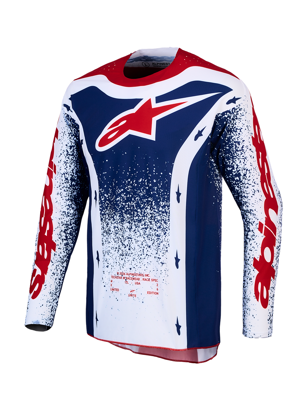 Alpinestars Techstar Unity, maillot de motocross homme, édition limitée rouge, blanc et bleu, haut technique pour tout-terrain
