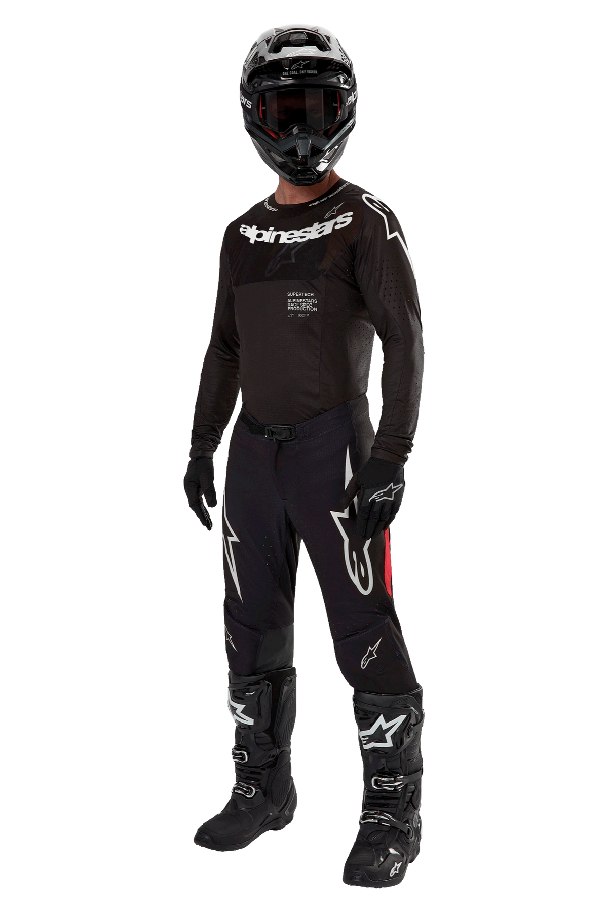 Motocross rider wearing complete racing gear, 2024 Supertech Ward Jersey in Black Red Berry, black jersey with white Alpinestars branding, black pants with red side panels and large white Astars logos, black helmet, gloves, and boots, coordinated pro-level outfit for off-road racing