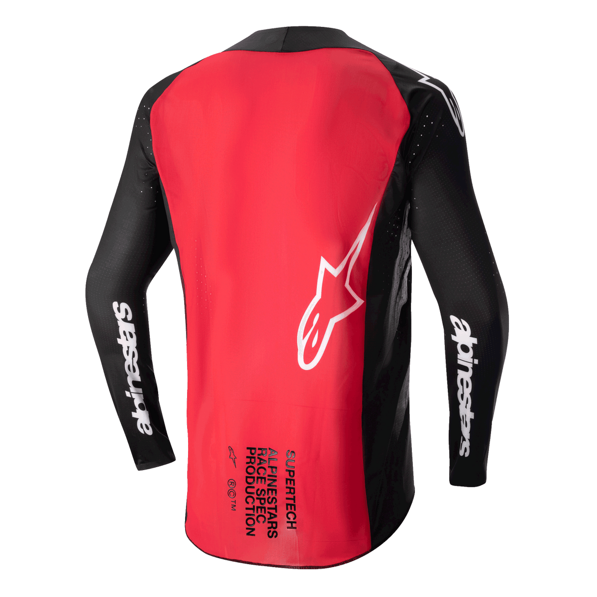Alpinestars 2024 Supertech Ward Jersey, Motocross Jersey, Black and Red Berry, back view showing a large red back panel, black mesh sleeves with white Alpinestars branding, white star logo, and Supertech Race Spec text at the lower back.