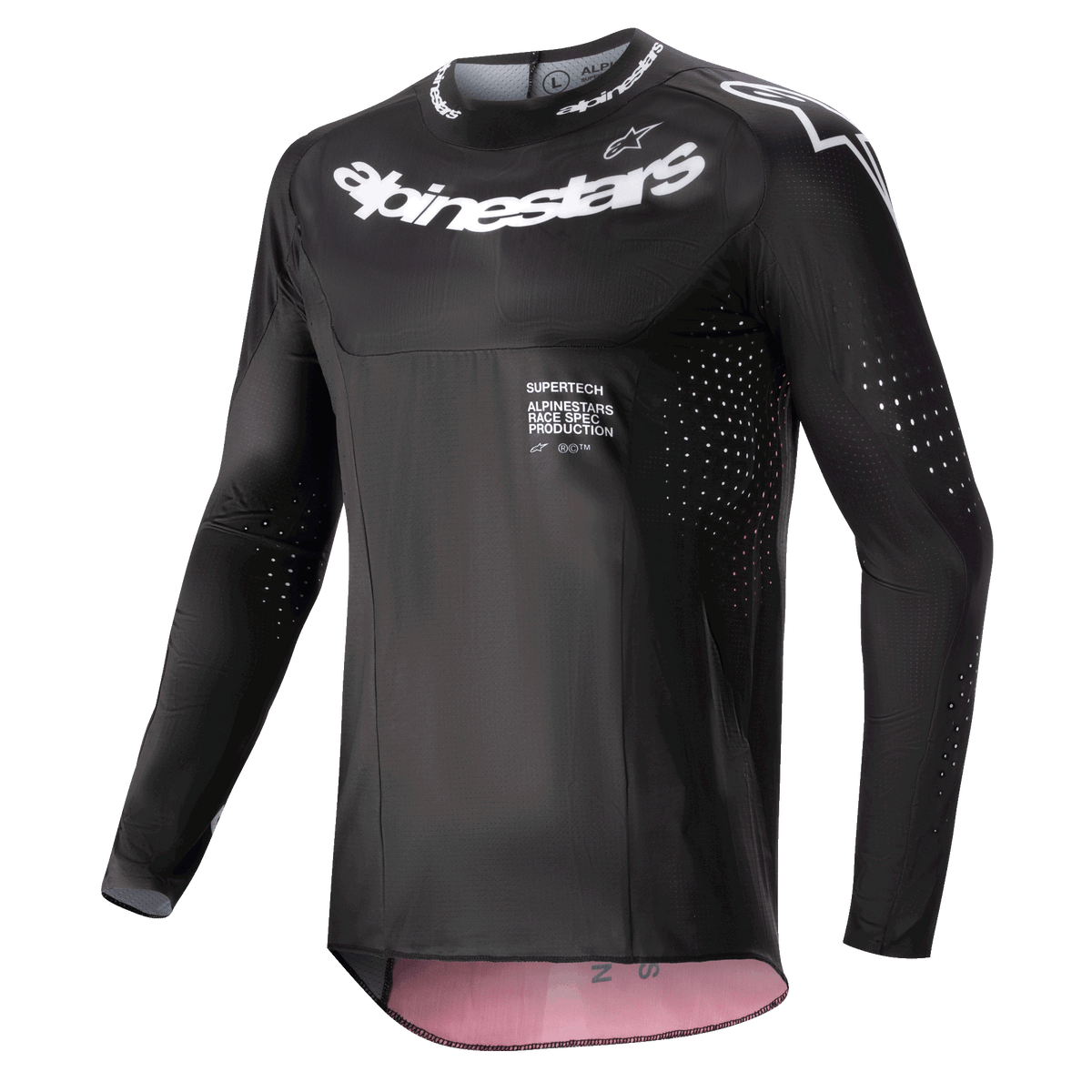 Alpinestars 2024 Supertech Ward Jersey, Motocross Jersey, Black and Red Berry, featuring white Alpinestars logos on the chest and collar, laser-cut ventilation perforations on sleeves and sides, and a performance race fit with red berry interior accents.