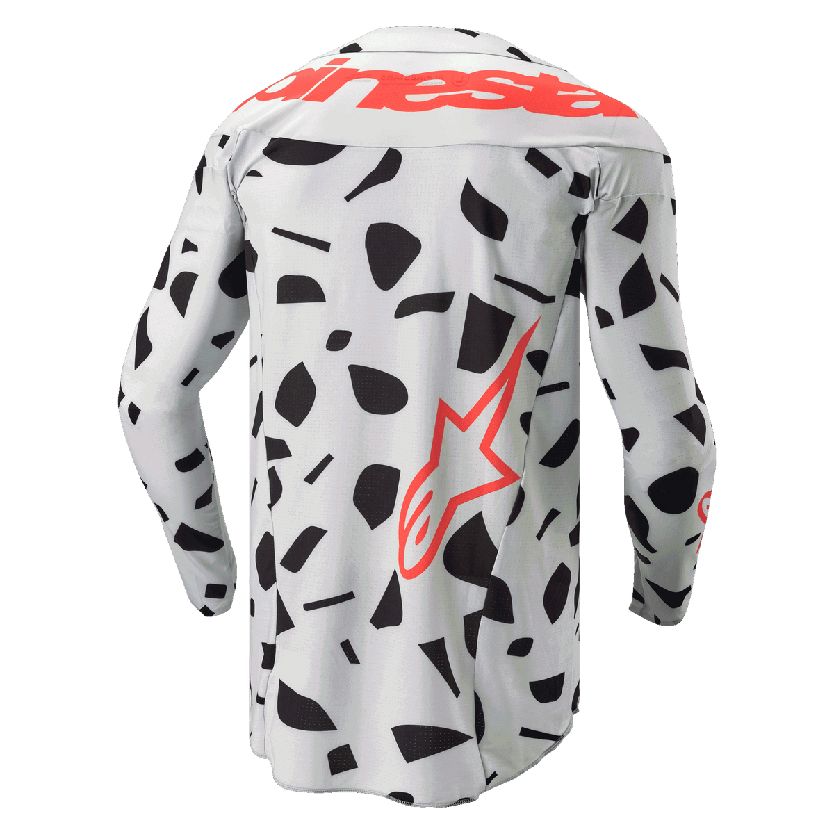 Maillot Alpinestars Techstar Rantera 2024, vue arrière, maillot de motocross à manches longues, Haze Gray Camo avec motifs abstraits noirs, doté d'un grand marquage Alpinestars rouge en travers des épaules et d'un logo étoile rouge sur le côté inférieur, conçu pour la performance tout-terrain