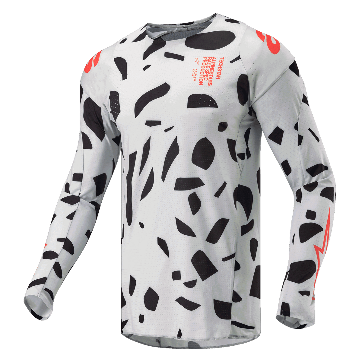 Maillot Alpinestars Techstar Rantera 2024, maillot de motocross, Haze Gray Camo avec formes abstraites noires et accents orange, manches longues, équipement technique de course tout-terrain