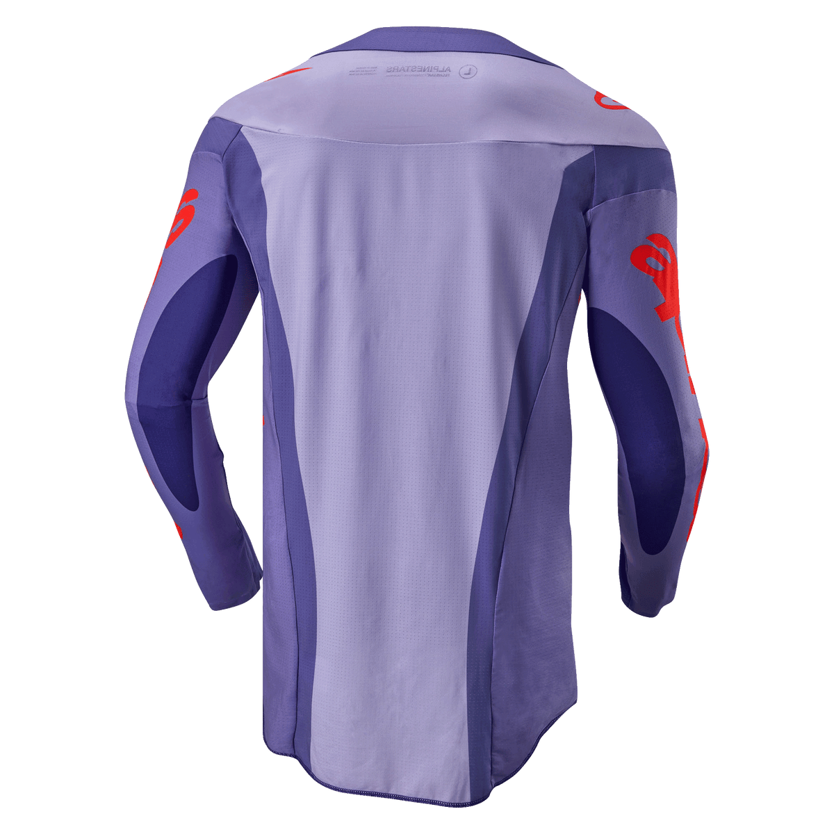 Maillot Alpinestars Techstar Ocuri 2024, maillot de motocross, pourpre et orange vif, vue de dos avec design multi-panneaux pourpre, logos orange sur les manches et les épaules, et dos rallongé pour la performance en course tout-terrain.
